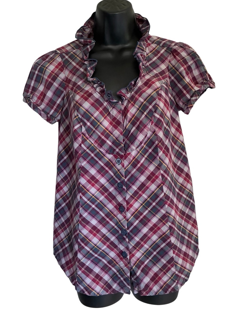 VTG 90s duo Maternity Burgundy Blue Plaid Ruffle-Trim Button Down Preppy Top
